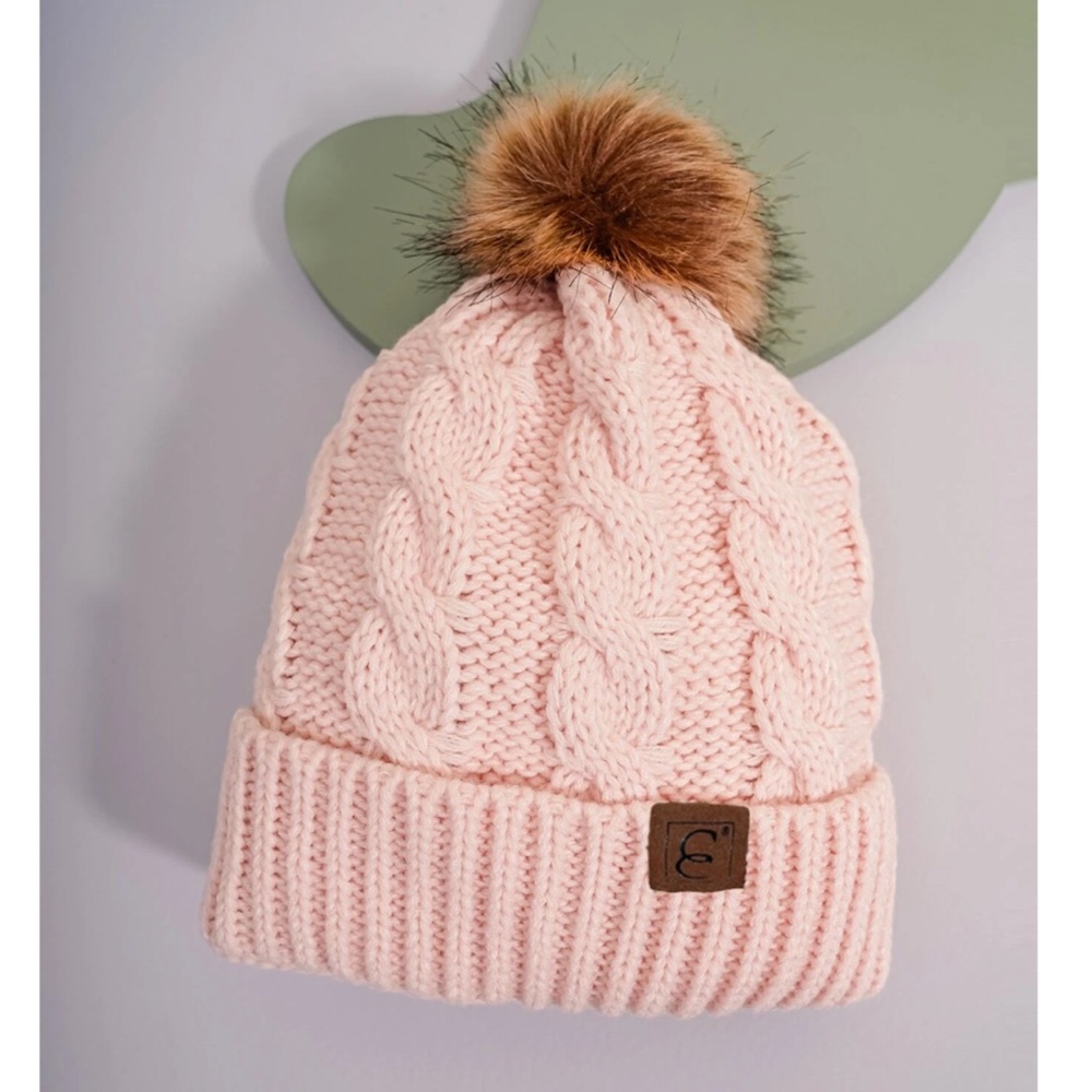 Pink Cable Knit Beanie Hat Faux Fur Pom Pom  100% Acrylic - Picture 4 of 11